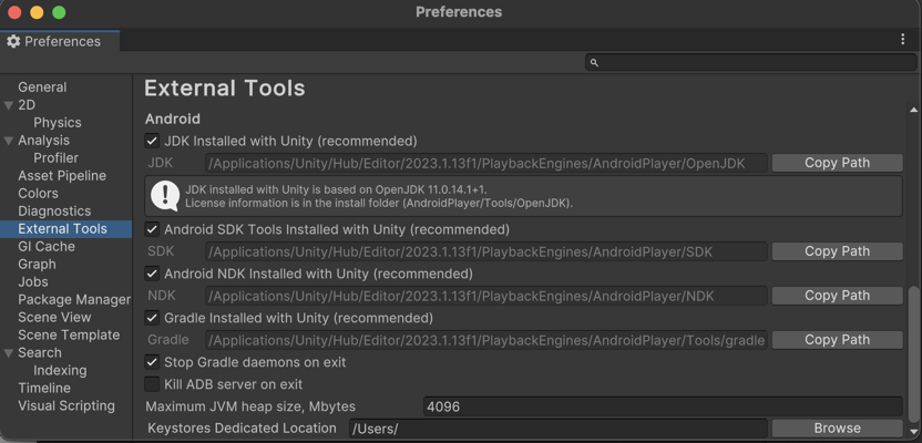 Fenêtre des préférences affichant les paramètres des outils externes pour Android